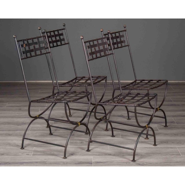 Set of Four French Iron Curule Side Chairs With Woven Strap Seats For Sale - Image 11 of 12