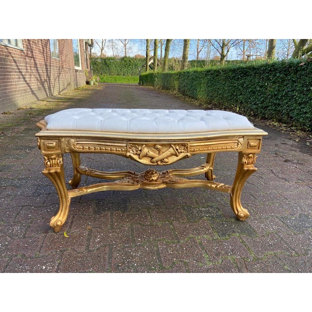 1950s French Gilt Beech Off-White Leather Bench For Sale - Image 6 of 16