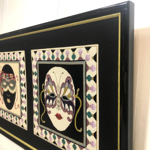 Black Long 1980s Needlepoint Textile Wall Art | Mardi Gras Carnival Masks For Sale - Image 8 of 10