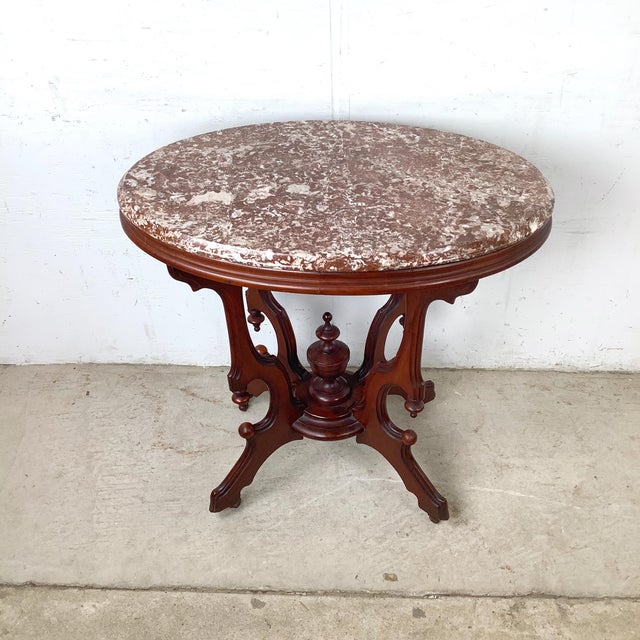 Victorian Victorian Revival Marble Top Center Table With Carved Walnut Pedestal Base For Sale - Image 3 of 18