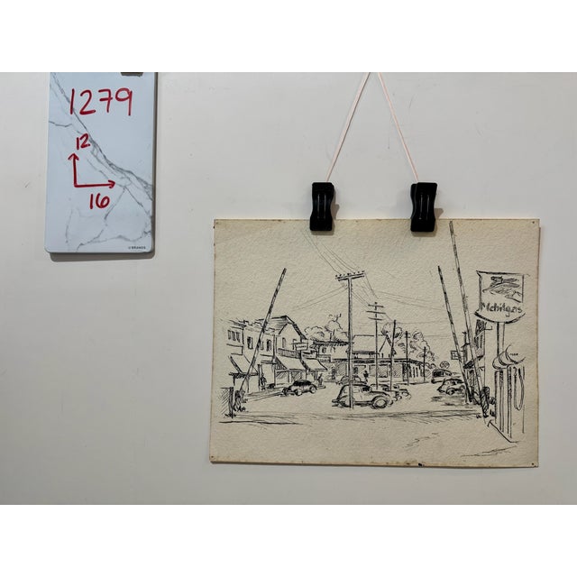 Henry Emil Salloch Original Drawing on Paper Mid-Century Main Street. For Sale In Atlanta - Image 6 of 6