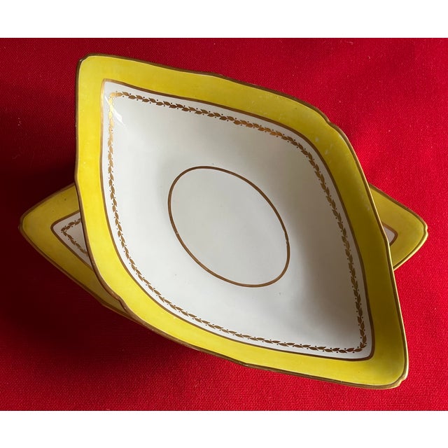 Large Antique Early 19th Century English George III Derby Porcelain Navette Shape Dishes With Yellow Border Circa 1800 - A Pair For Sale - Image 12 of 13