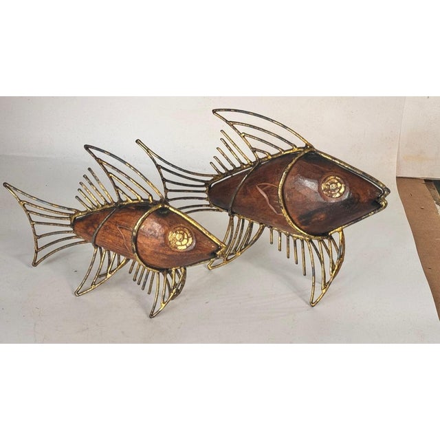 Mid-Century French Fish Sculptures in Wood and Gilded Metal, 1970s, Set of 2 For Sale - Image 3 of 14