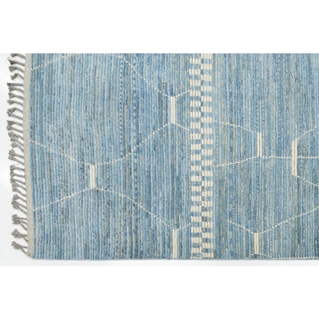 Modern Abstract Moroccan Style Wool Rug in Azure Blue and White, Hand-Knotted For Sale - Image 11 of 11