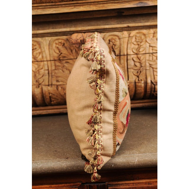French Pillow Made from a 19th Century French Tapestry with Floral Décor and Tassels For Sale - Image 3 of 12