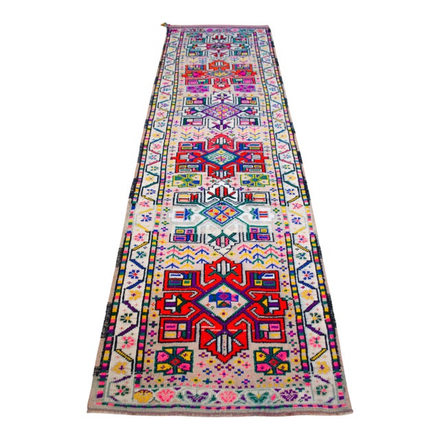 1970s Runner Rug Turkish Hand-Knotted Rug Colorful Tribal Hallway Decor Kitchen Runner 3x10 Ft Approx For Sale