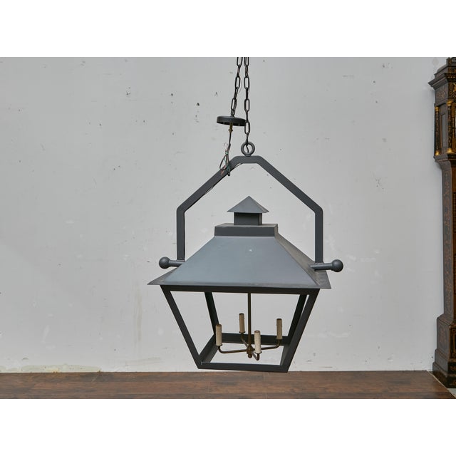 Pair of Large Iron Lanterns with Four Lights and Architectural Design For Sale - Image 9 of 12