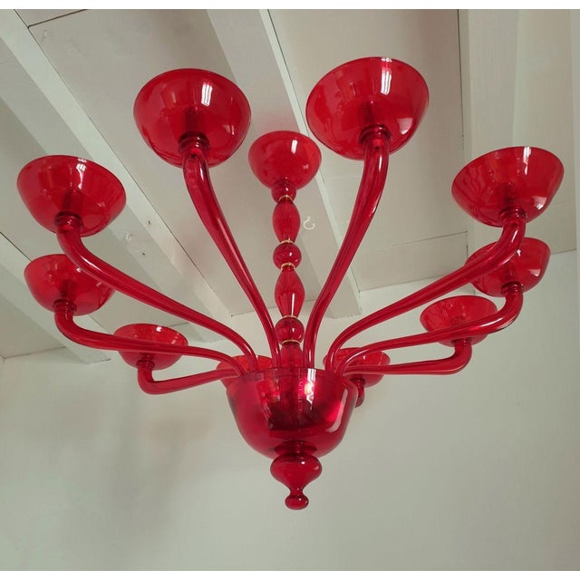 1980s Red Murano Glass, Mid Century Modern, Chandelier Italy 1980s For Sale - Image 5 of 11