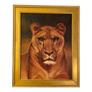 Original Oil Painting of Lioness in Vintage Frame For Sale