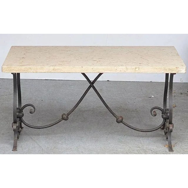 French French Mid-Century Coffee or Low Table With Wrought Iron Base and Marble Top For Sale - Image 3 of 13