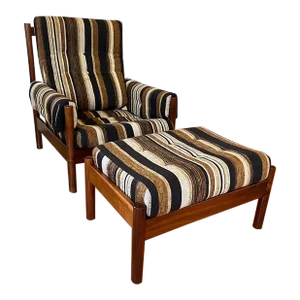 Mid 20th Century Dux Mid-Century Sweden Teak Striped Upholstery Lounge Chair and an Ottoman