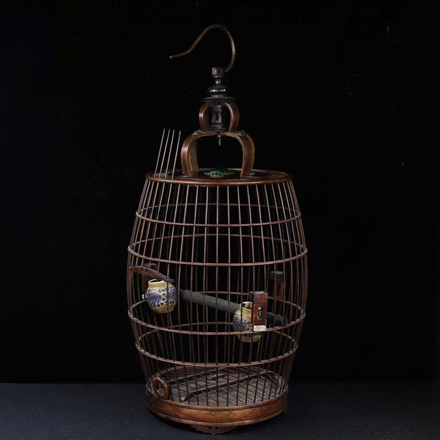 Late 19th Century Vintage Hardwood Birdcage With Gemstone Inlay and Porcelain Cups For Sale - Image 5 of 9