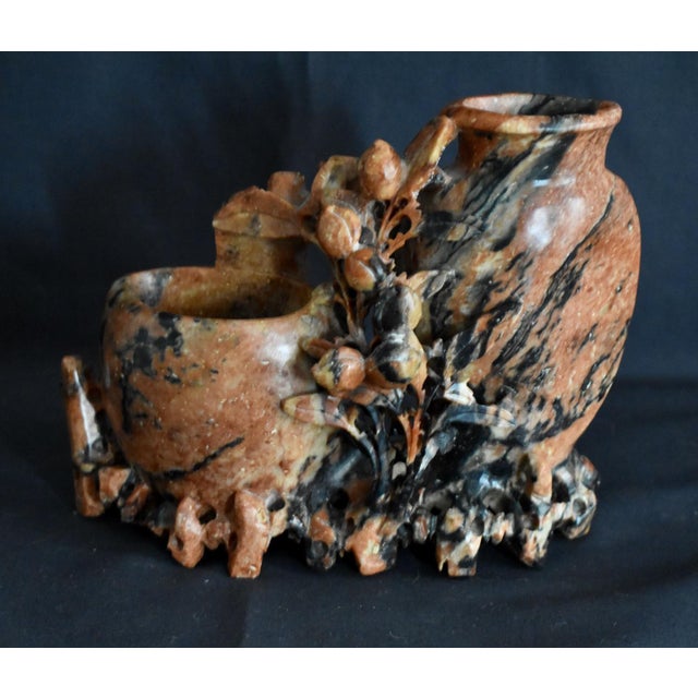 Antique - 1930's Sculpture with Vase & Floral Details is Chinese. Made of Soapstone. The Measurements: 8.5"W x 2.5"D x...