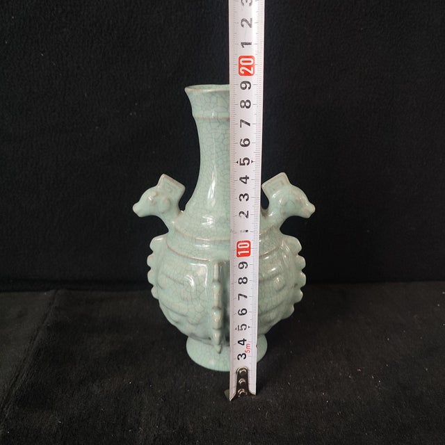White Chinese Ceramic Vase,Guan Ware Crackle Glaze Celadon Porcelain Double Ears Vase For Sale - Image 8 of 9