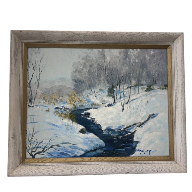 Modern Walter Wohlschlegel Signed Modern Art Fauve Oil Painting, "Brook in Winter" Signed and Dated 1965 in Blue, White and Lavender For Sale - Image 3 of 10