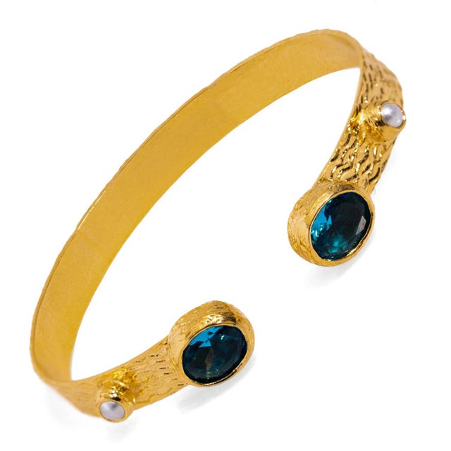 Early 21st Century Cleopatra Blue Topaz & Pearl Adjustable Gold Cuff Bracelet For Sale - Image 5 of 6