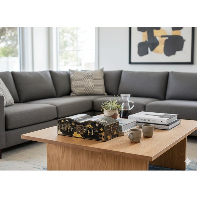 Black Lacquer Chinoiserie-Style Gold Silver Scenery Graphic Rectangular Box For Sale In San Francisco - Image 6 of 15