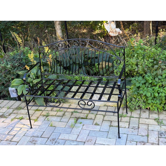 Hollywood Regency Vintage French Provincial Style Wrought Iron Garden Bench in Glossy Black For Sale - Image 3 of 9