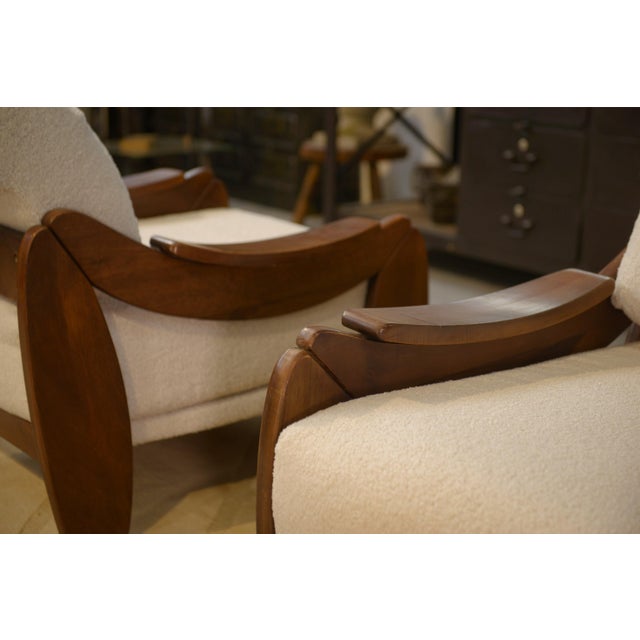 1970s Brutalist Armchairs in Wood and Ecru Bouclé, 1970s, Set of 2 For Sale - Image 5 of 13