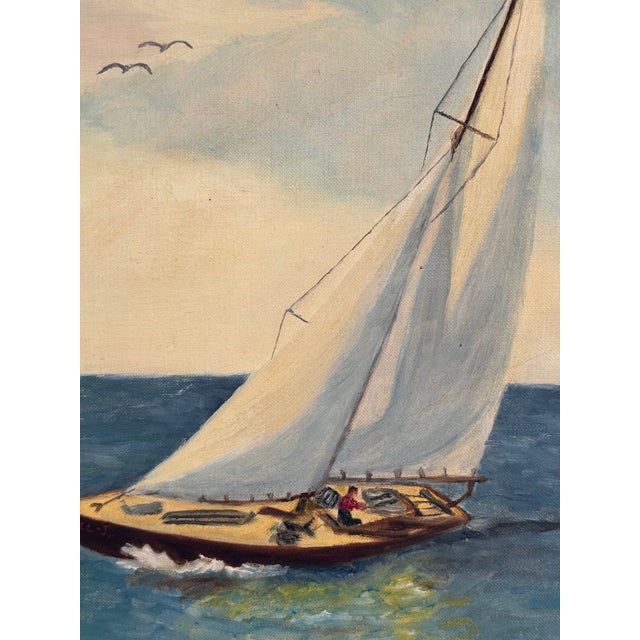Blue Vintage Mid-Century Nautical Sailboat Seascape Original Oil Painting in Gilt Frame For Sale - Image 8 of 11