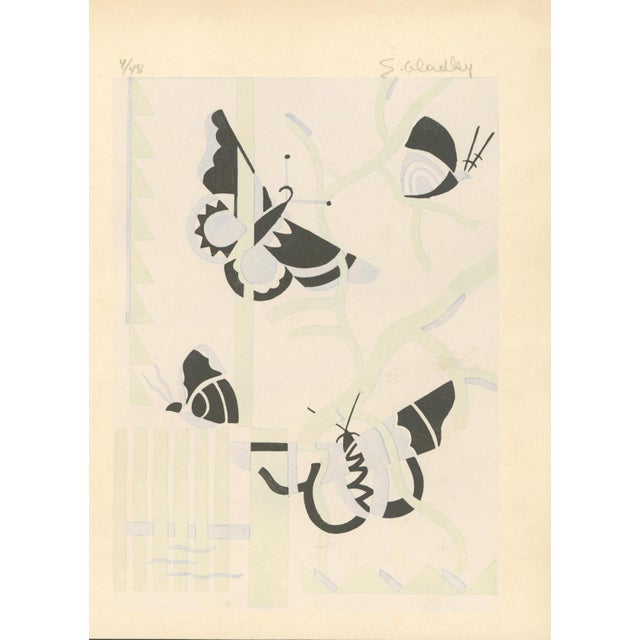 Signed limited-edition modernist print by S. Alandlay, numbered 4/48 in pencil. Stylized butterflies and geometric...