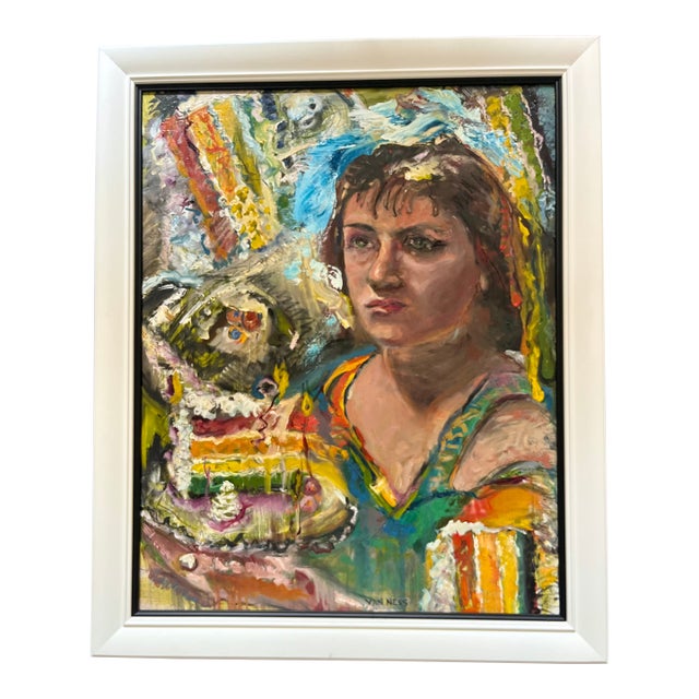 “Girl With Cake", Original Abstract Oil Painting, by Van Ness For Sale