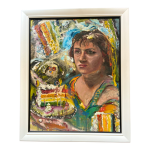 “Girl With Cake", Original Abstract Oil Painting, by Van Ness