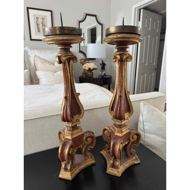 Pair of Antique Italian Giltwood Candlesticks With Red Painted Finish For Sale - Image 10 of 10