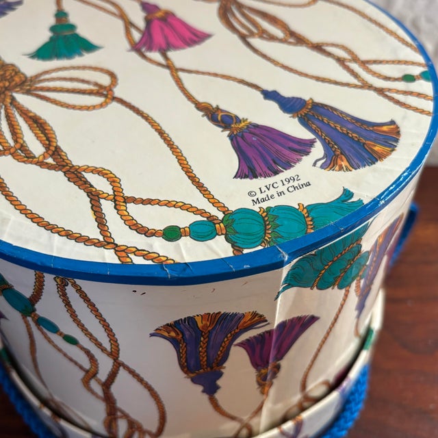 Blue 1990s Hat Box With Tassel Motif For Sale - Image 8 of 10