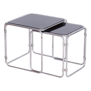 Mid-Century Nesting Tables in Chrome-Plated Steel and Glass, Czechia, 1960s, Set of 2 For Sale