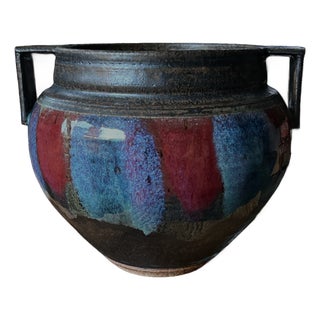 Hand-Thrown Brutalist Earthenware Vase With Dual Handles, Signed & Dated 2013 For Sale