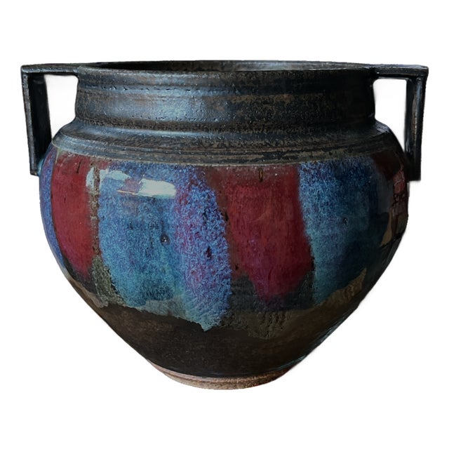 Hand-Thrown Brutalist Earthenware Vase With Dual Handles, Signed & Dated 2013 For Sale