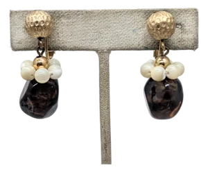 Vintage 1960s Signed Napier Faux-Topaz & Mother-of-Pearl Drop Clip Earrings-2 Pieces
