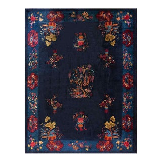 1920s Navy Blue Vase Floral Antique Chinese Art Deco Carpet 9' X 11'6" Handknotted Wool Rug For Sale