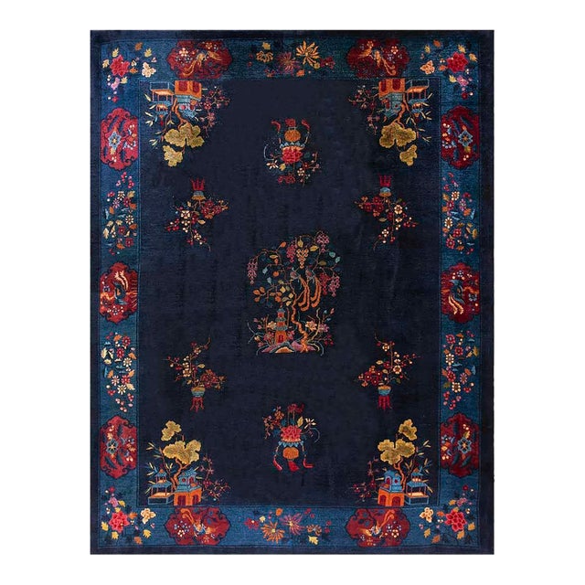 1920s Navy Blue Vase Floral Antique Chinese Art Deco Carpet 9' X 11'6" Handknotted Wool Rug For Sale