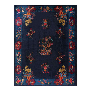 1920s Navy Blue Vase Floral Antique Chinese Art Deco Carpet 9' X 11'6" Handknotted Wool Rug