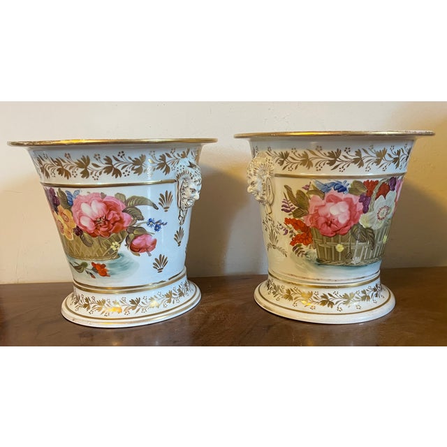 Antique Early 19th Century English Porcelain Cachepot Flower Pots With Satyr Mask Handles Circa 1820 - A Pair For Sale - Image 10 of 18