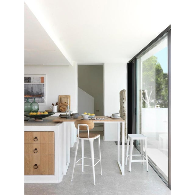 New Industrial Wrought Iron Shop Stool With Wooden Seat and Back For Sale - Image 10 of 11