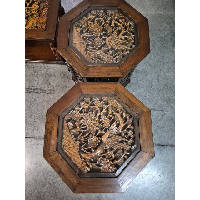 Vintage 1970's Hand Carved Camphor Wood 3 Piece Coffee Table Set For Sale In Louisville - Image 6 of 16