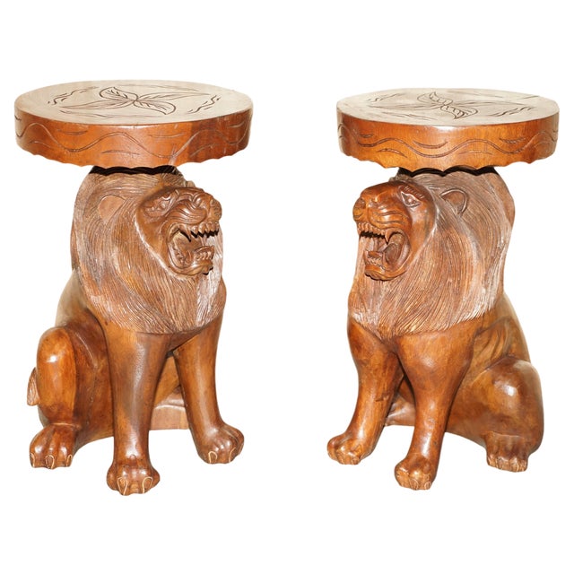 Set of Vintage Hand Carved Male Lion Stools with Ornate Decoration For Sale