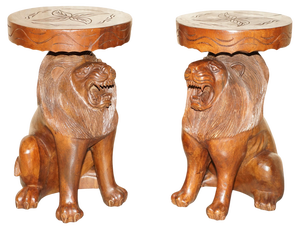 Set of Vintage Hand Carved Male Lion Stools with Ornate Decoration