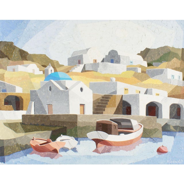 An oil on board painting by the Greek artist Manos Sofianos (1922-1986). This painting depicts the iconic white and blue...