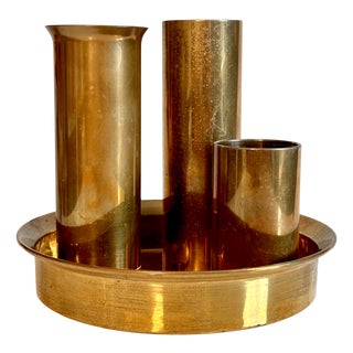 Scandinavian Modern Candleholders with Vase & Tray in Brass from Ekte Norsk Odel, Norway, 1960s, Set of 4 For Sale