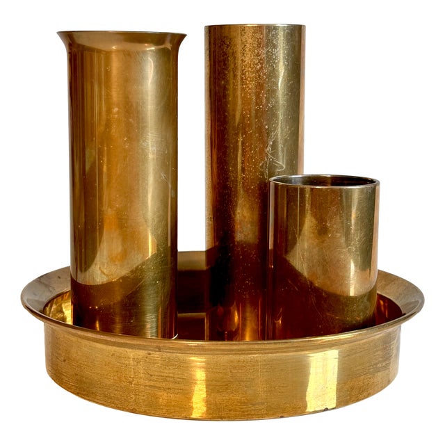 Scandinavian Modern Candleholders with Vase & Tray in Brass from Ekte Norsk Odel, Norway, 1960s, Set of 4 For Sale