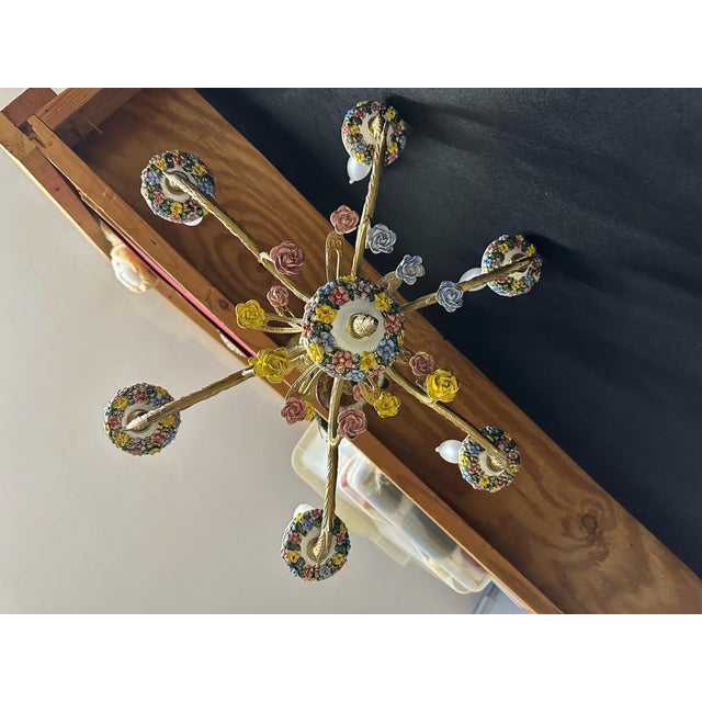 Vintage Capodimonte-Style Porcelain Floral Six-Light Chandelier For Sale In Miami - Image 6 of 7