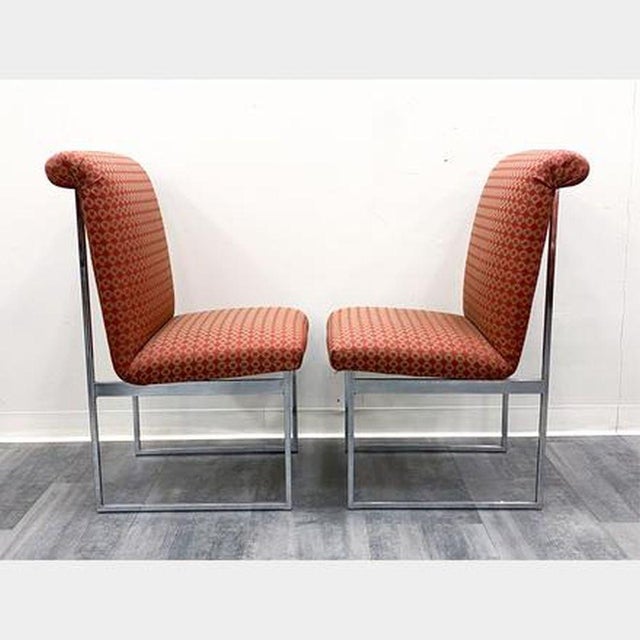 Set of 6 modern chrome and geometric pattern upholstered dining chairs. Chairs are covered in a pleasing and durable...