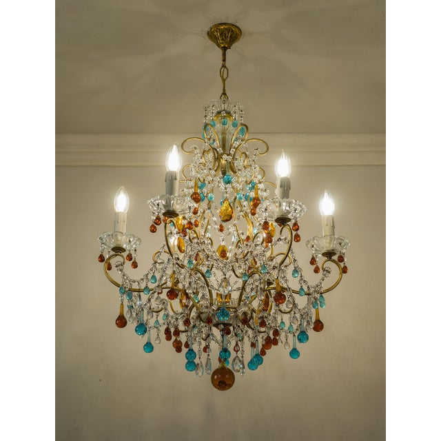 Vintage Florentine 6-Light Chandelier in Gilded Iron with Crystals and Murano Glass Pendants, 1950s For Sale - Image 14 of 14