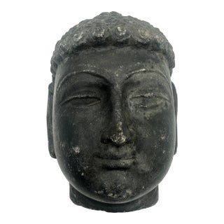 Mid to Late 1800s Stone Buddha Head Sculpture Statue 7" Heavy Fragment For Sale