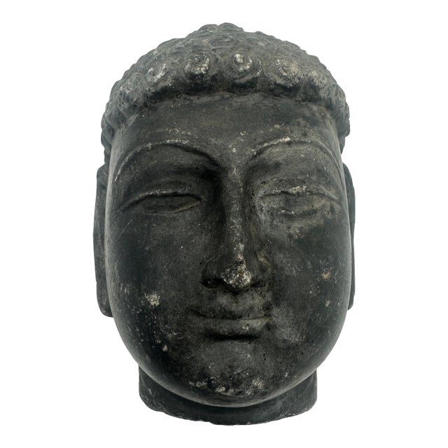 Mid to Late 1800s Stone Buddha Head Sculpture Statue 7" Heavy Fragment For Sale