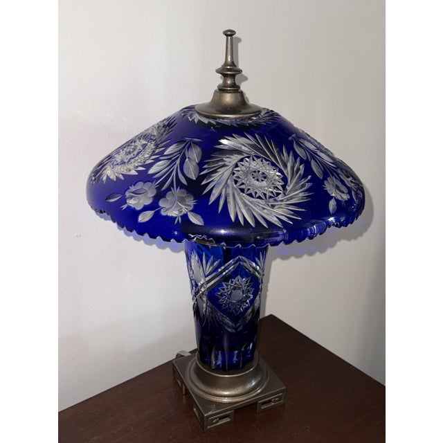 Blue Pair of Cobalt Blue Cut-Glass Table Lamps With Floral Shades For Sale - Image 8 of 11